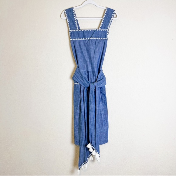 Banjanan Dresses & Skirts - Banjanan Apron Chambray Embroidered Dress Blue White Tassel Size Extra Small